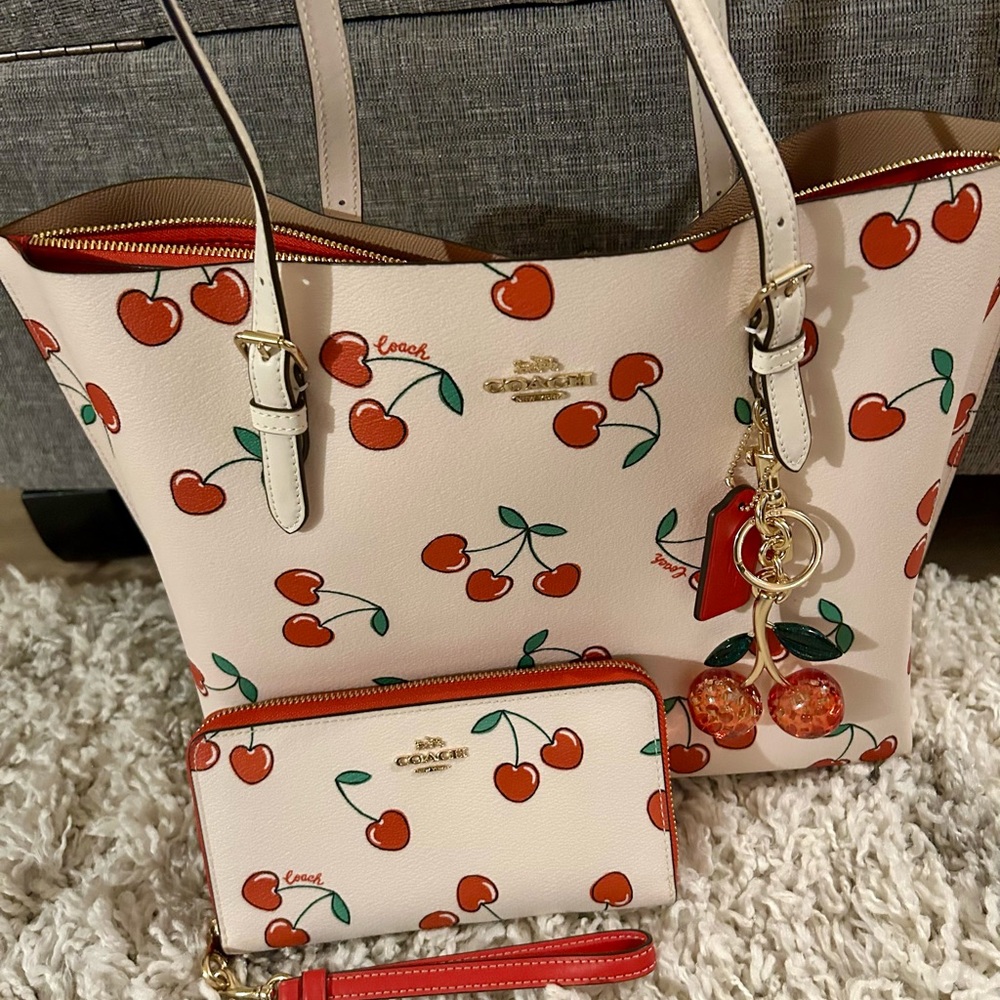 Coach Cherry Print Tote and Wallet Set - Cream